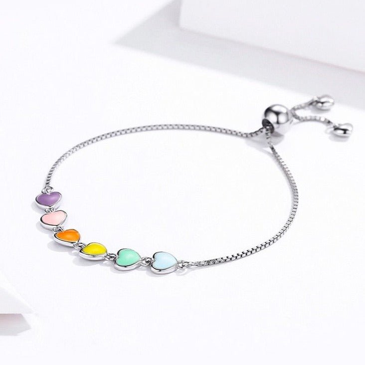 Pulseira Regulável Corações Coloridos Rainbow Prata